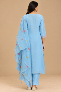 Sky Blue Mul Chanderi Floral Embroidered Straight-Cut Suit Set