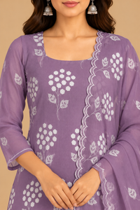 Lavender Floral Printed Straight-Cut Suit Set with Matching Dupatta