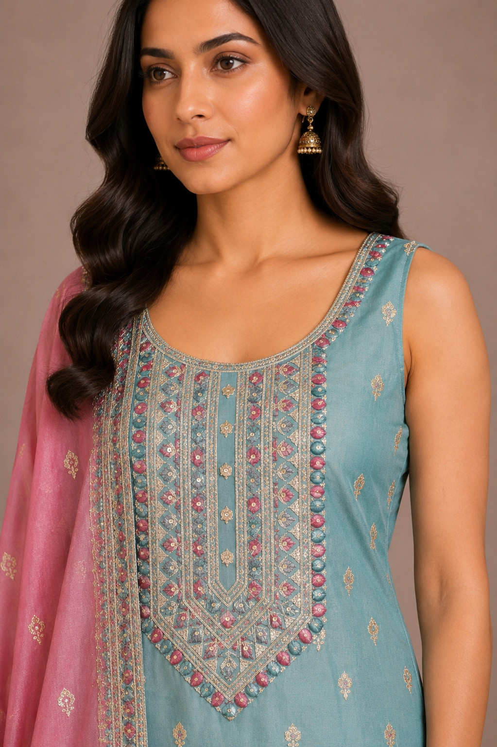 Powder Blue Silk Embroidered Straight-Cut Suit Set