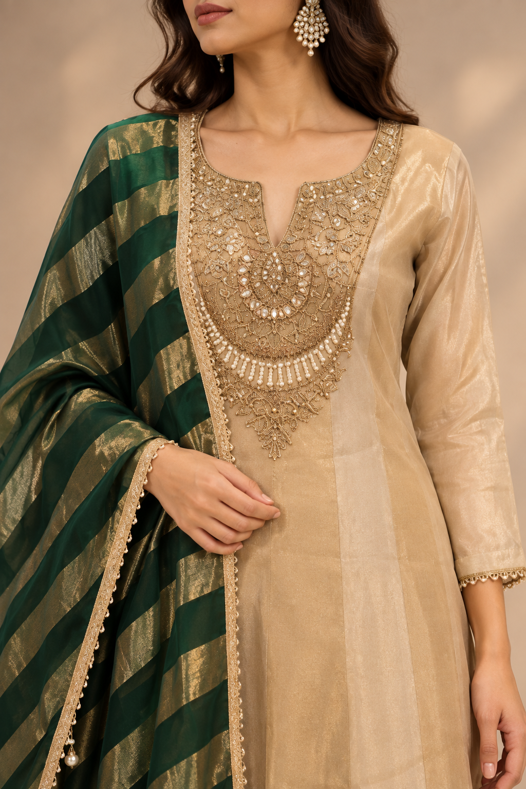 Champagne Gold Tissue Silk Anarkali Suit Set