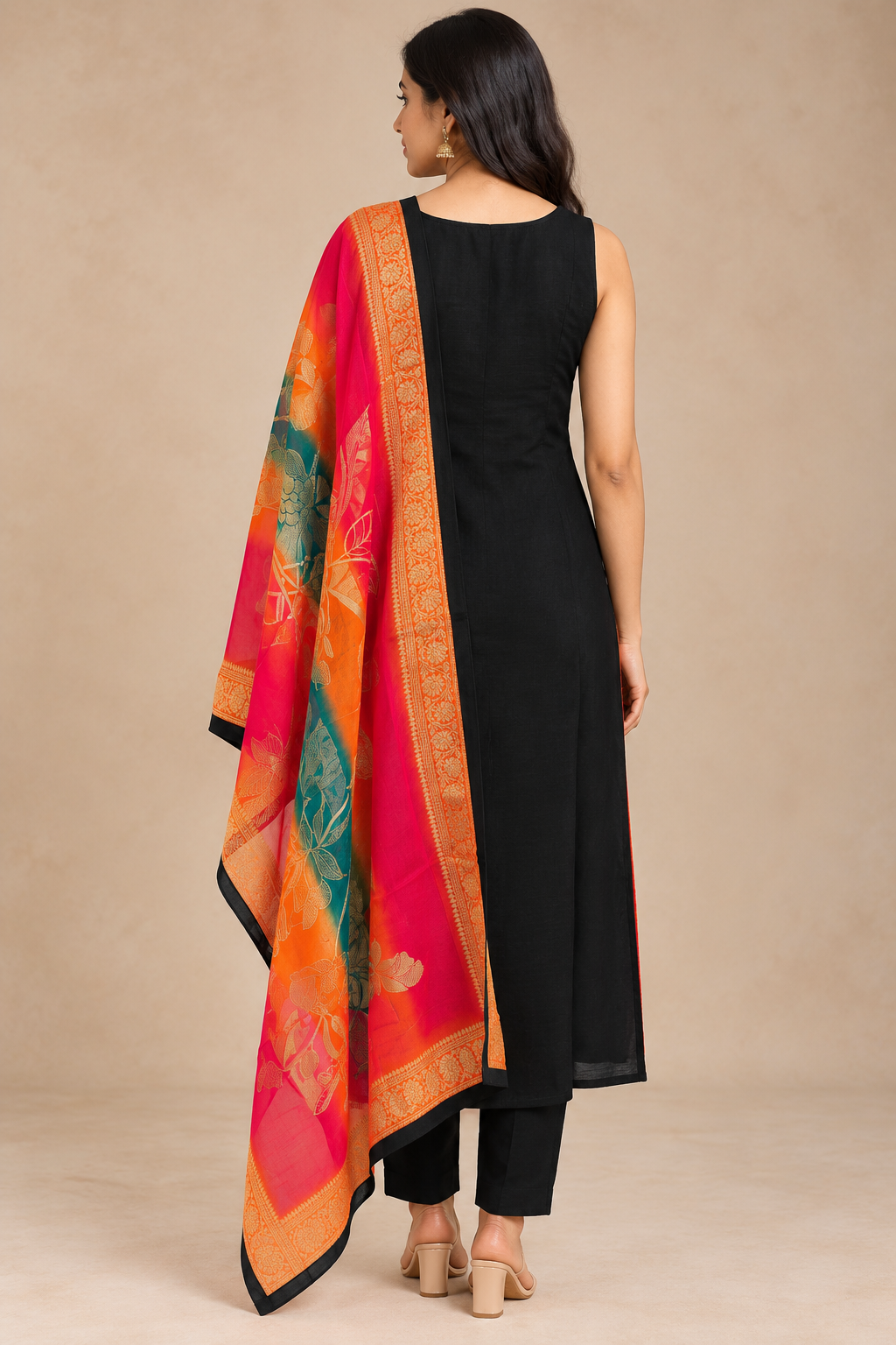Black Embroidered Kurta Set with Multicolour Printed Dupatta