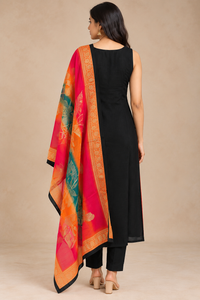 Black Embroidered Kurta Set with Multicolour Printed Dupatta