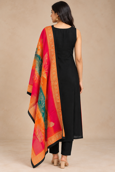 Black Embroidered Kurta Set with Multicolour Printed Dupatta