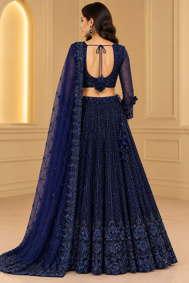 Navy Blue Sequin Embroidered Lehenga Choli with Dupatta