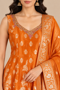 Orange Floral Embroidered Anarkali Suit Set with Dupatta