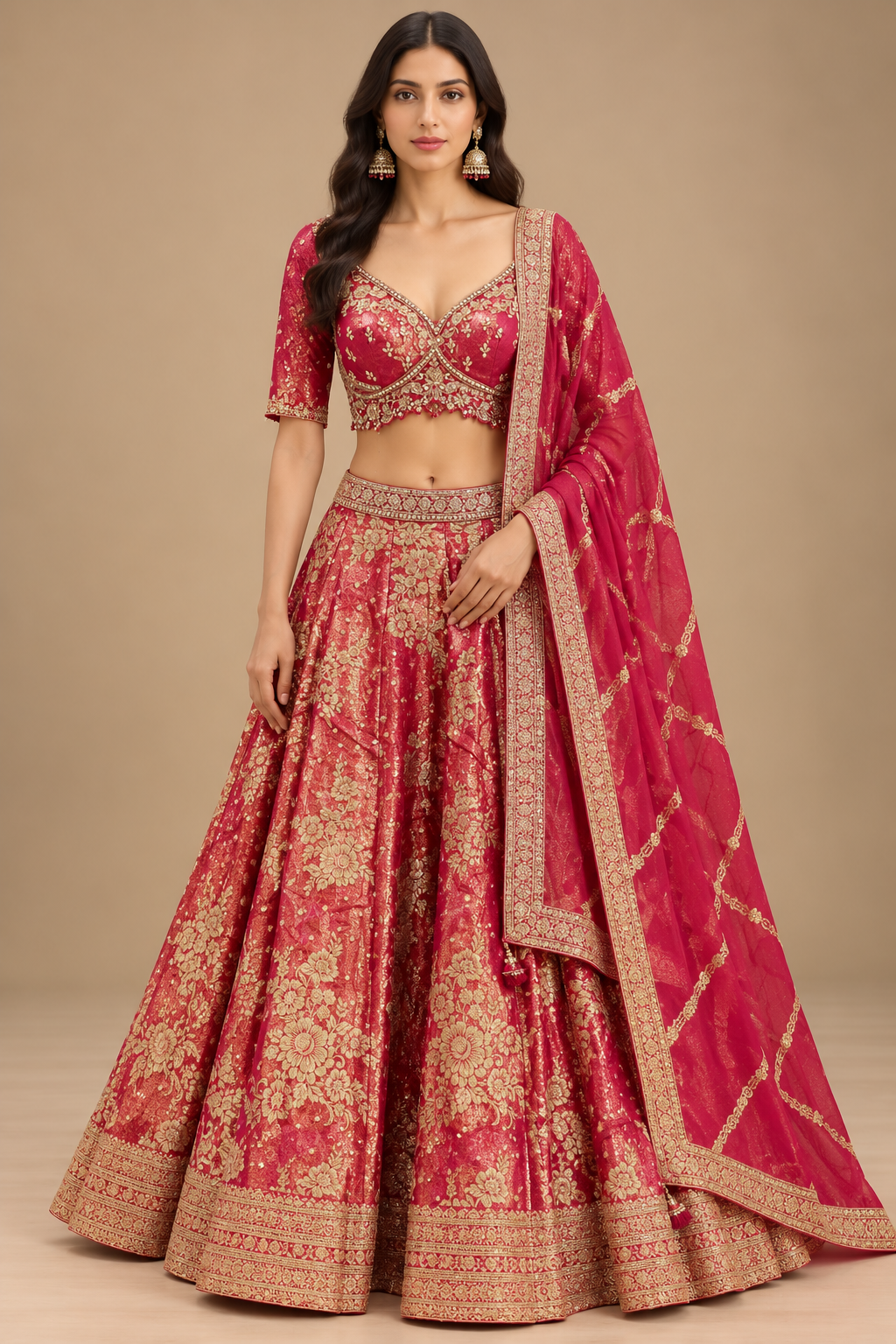 Ruby Red & Gold Floral Embroidered Lehenga Set with Dupatta