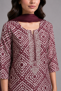 Mauve Printed Straight Kurta Pant Set with Dupatta
