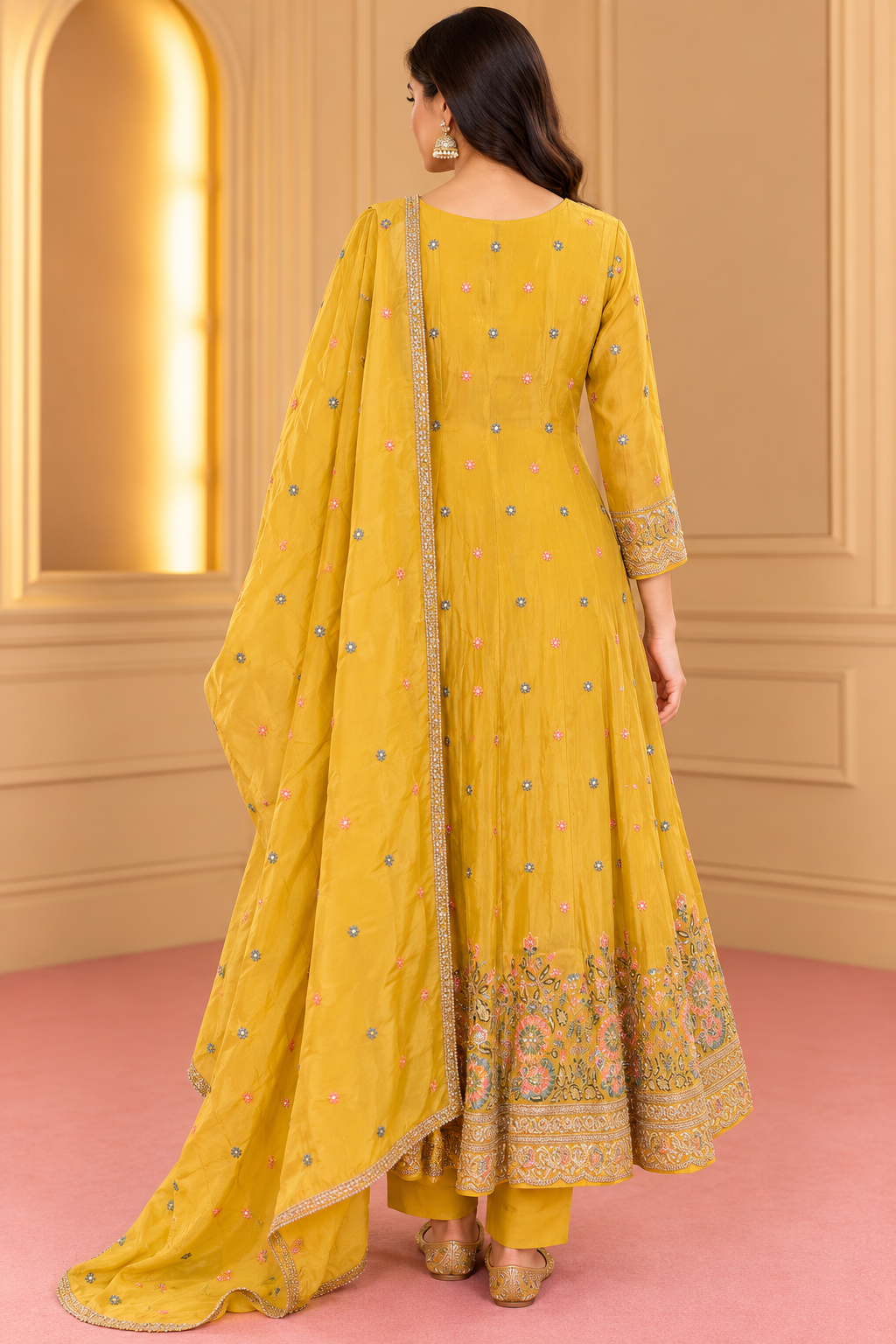 Mustard Yellow Embroidered Anarkali Kurta Set with Dupatta
