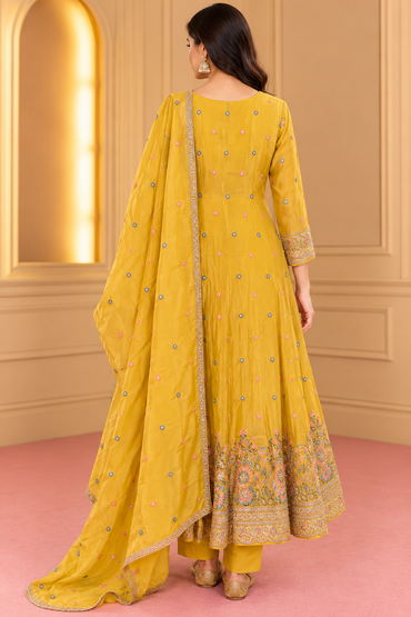 Mustard Yellow Embroidered Anarkali Kurta Set with Dupatta