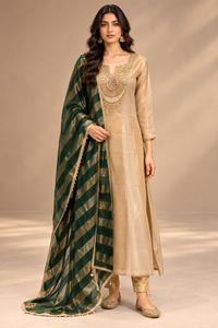 Champagne Gold Tissue Silk Anarkali Suit Set
