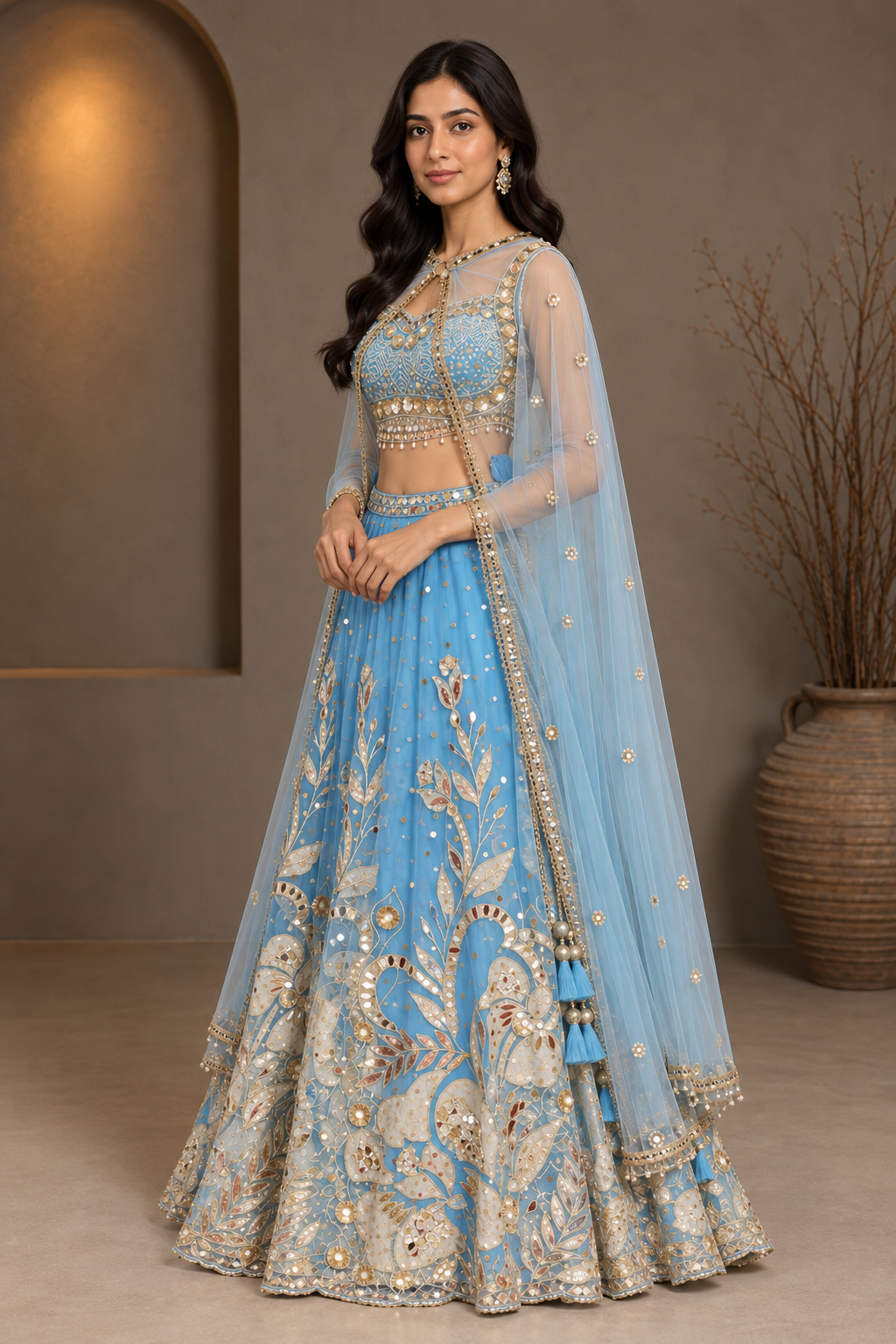 Sky Blue Net Embroidered Lehenga Set