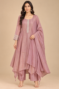 Dusty Rose Pink Asymmetric Embroidered Suit Set with Dupatta