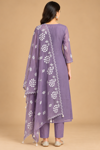 Lavender Floral Printed Straight-Cut Suit Set with Matching Dupatta