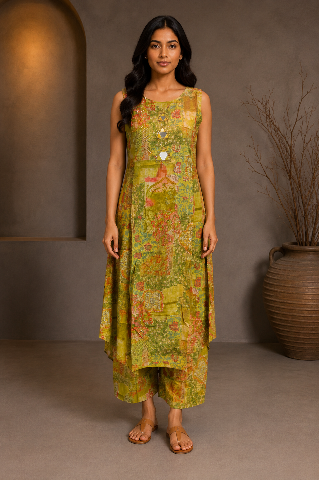 Olive Green Floral Printed Kurta Palazzo Set with Mirror Work