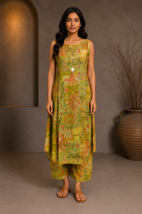 Olive Green Floral Printed Kurta Palazzo Set with Mirror Work