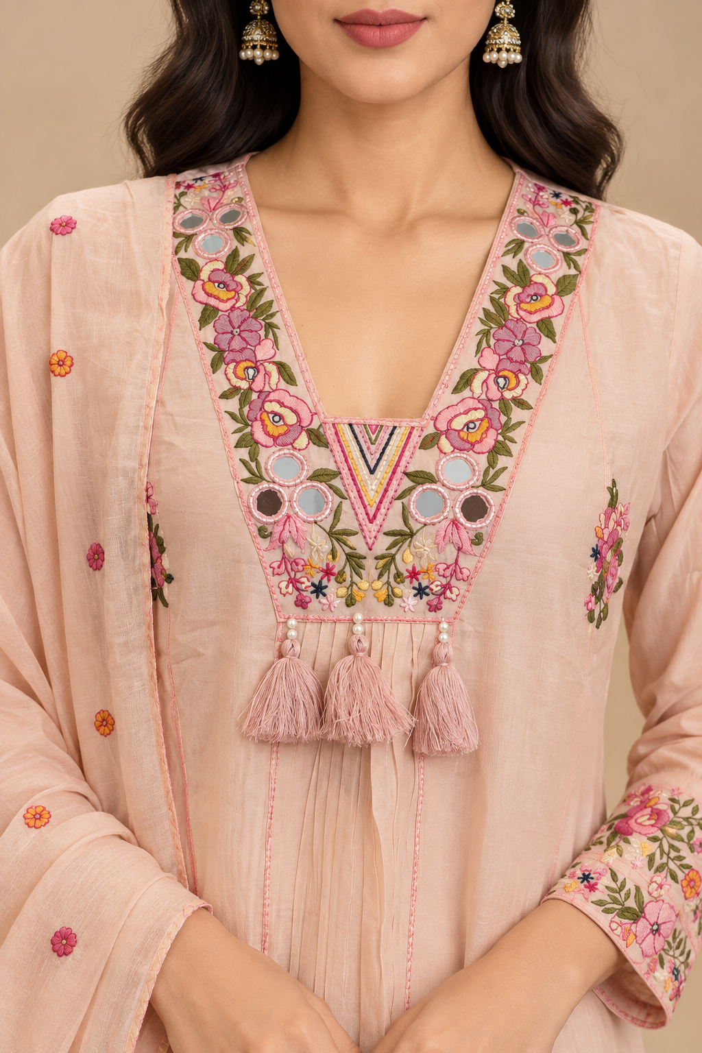 Blush Peach Mul Chanderi Embroidered Straight-Cut Suit Set