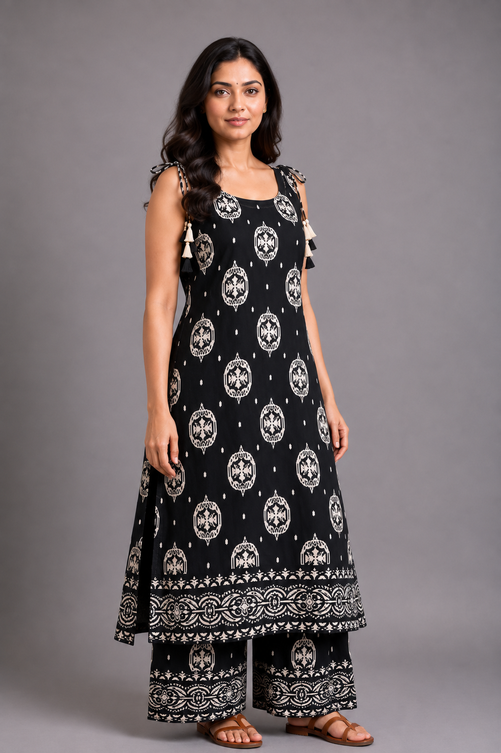 Black & White Printed Kurta Palazzo Set with Tassel Detailing