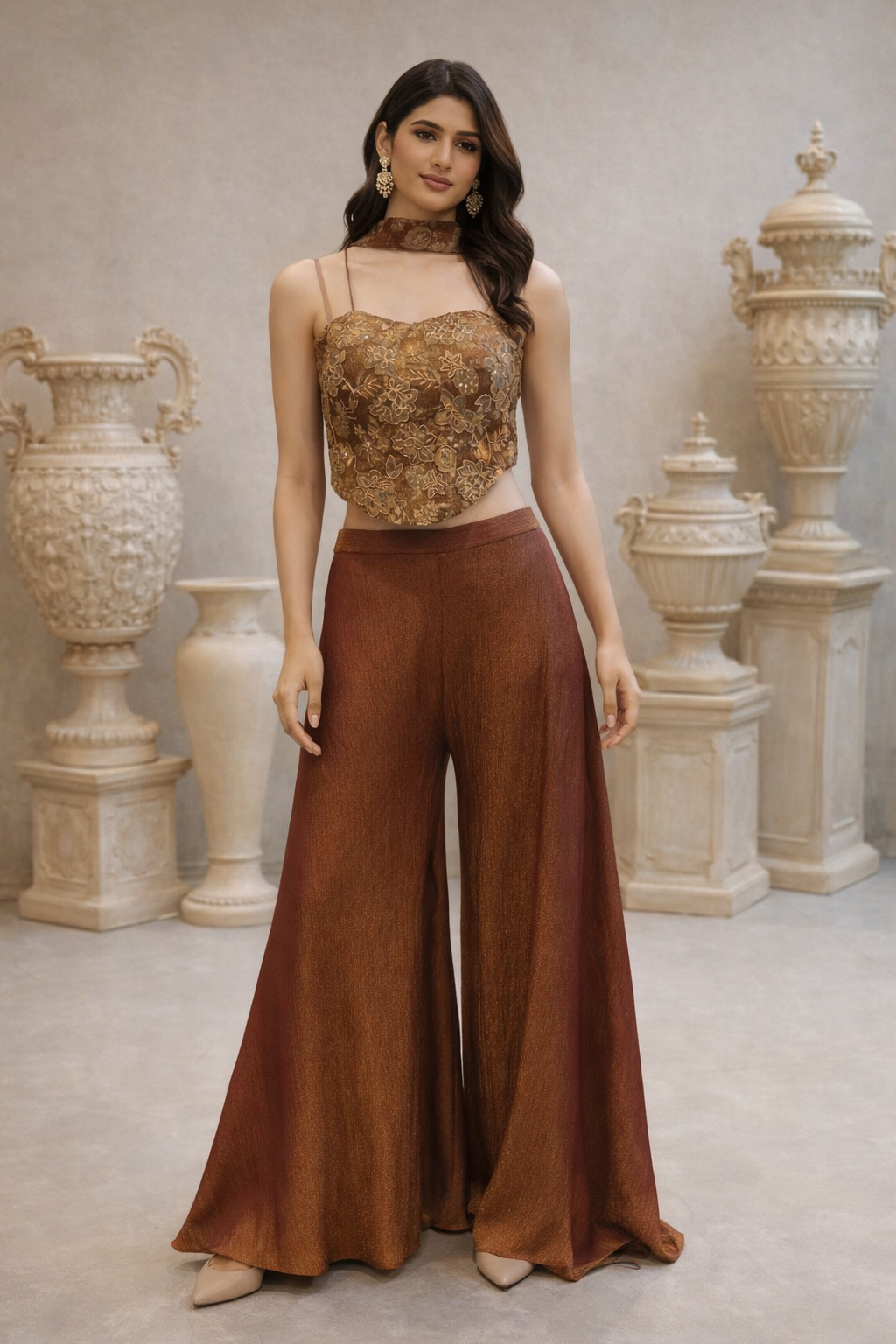 Rust Brown Tissue Co-ord Set with Embroidered Corset Top
