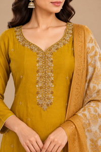 Mustard Yellow Embroidered Kurta Set with Floral Dupatta