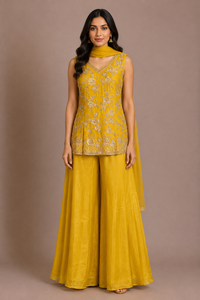 Mustard Yellow Tissue Embroidered Sharara Set