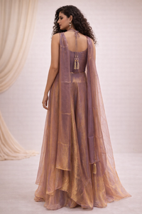 Mauve Pink Embroidered Silk Gown with Layered Flare