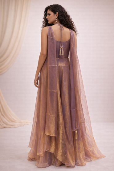 Mauve Pink Embroidered Silk Gown with Layered Flare