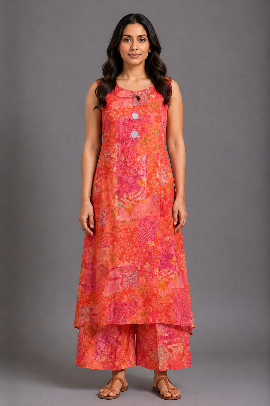 Coral Pink Printed Kurta Palazzo Set with Mirror Work