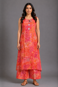 Coral Pink Printed Kurta Palazzo Set with Mirror Work
