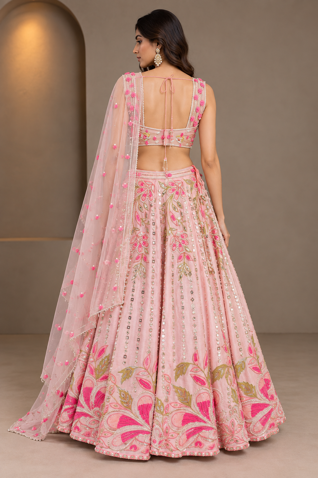 Blush Pink Net Embroidered Lehenga Set