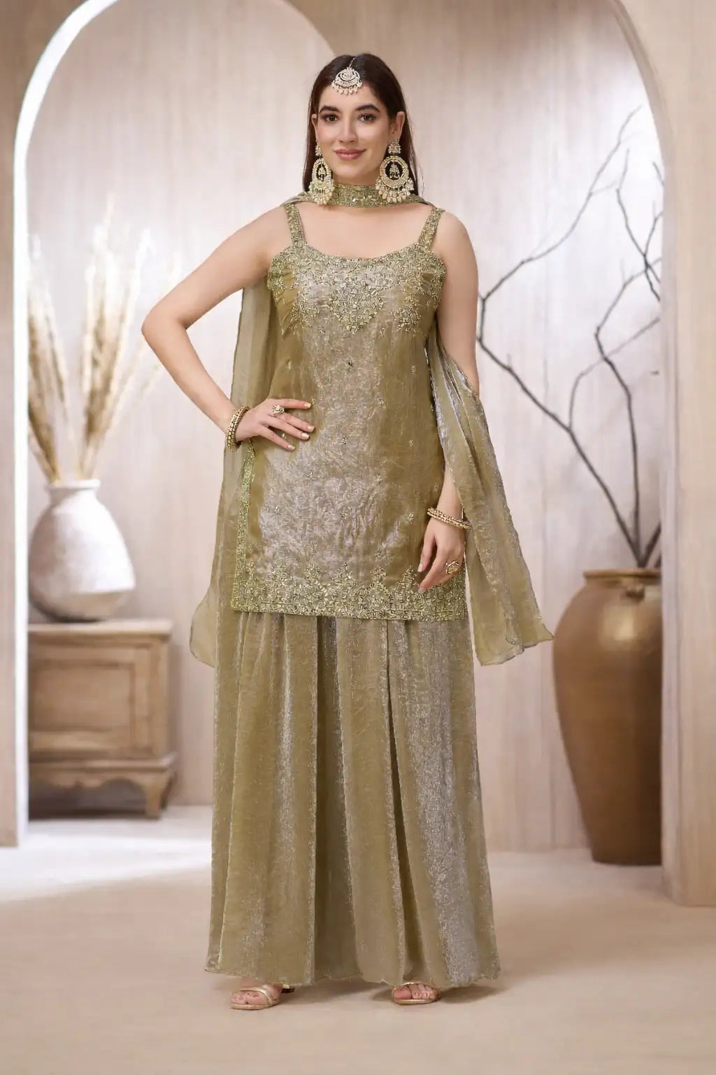 Olive Gold Silk Sharara Set with Dupatta