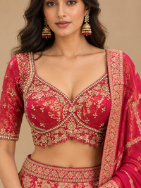 Ruby Red & Gold Floral Embroidered Lehenga Set with Dupatta