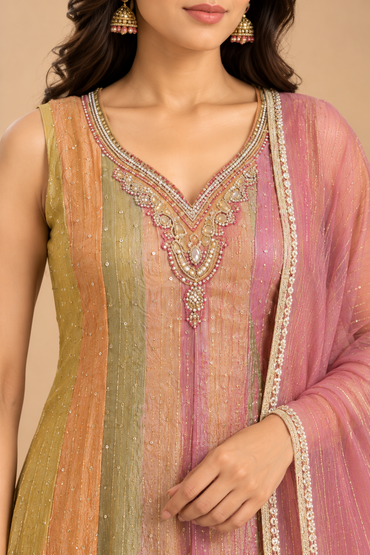 Multicolour Ombre Anarkali Kurta Pant Set with Pink Dupatta