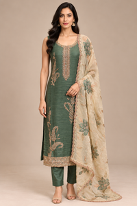 Bottle Green Embroidered Straight Kurta Pant Set with Floral Dupatta