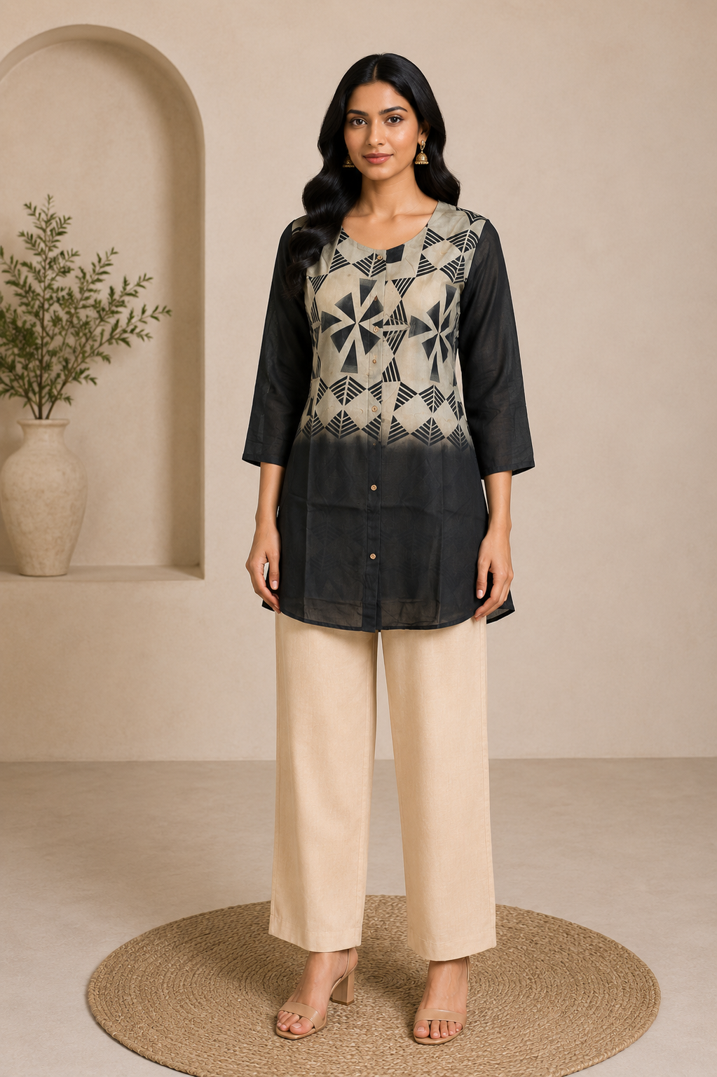 Black & Beige Geometric Print Silk Short Kurti