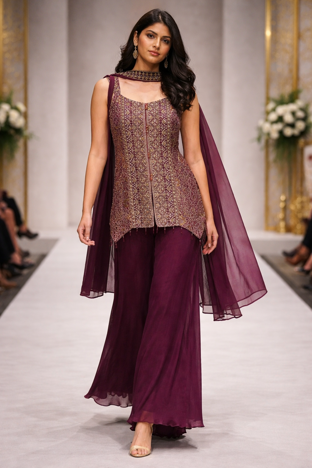 Wine Brocade Silk Co-ord Set with Embroidered Top & Dupatta