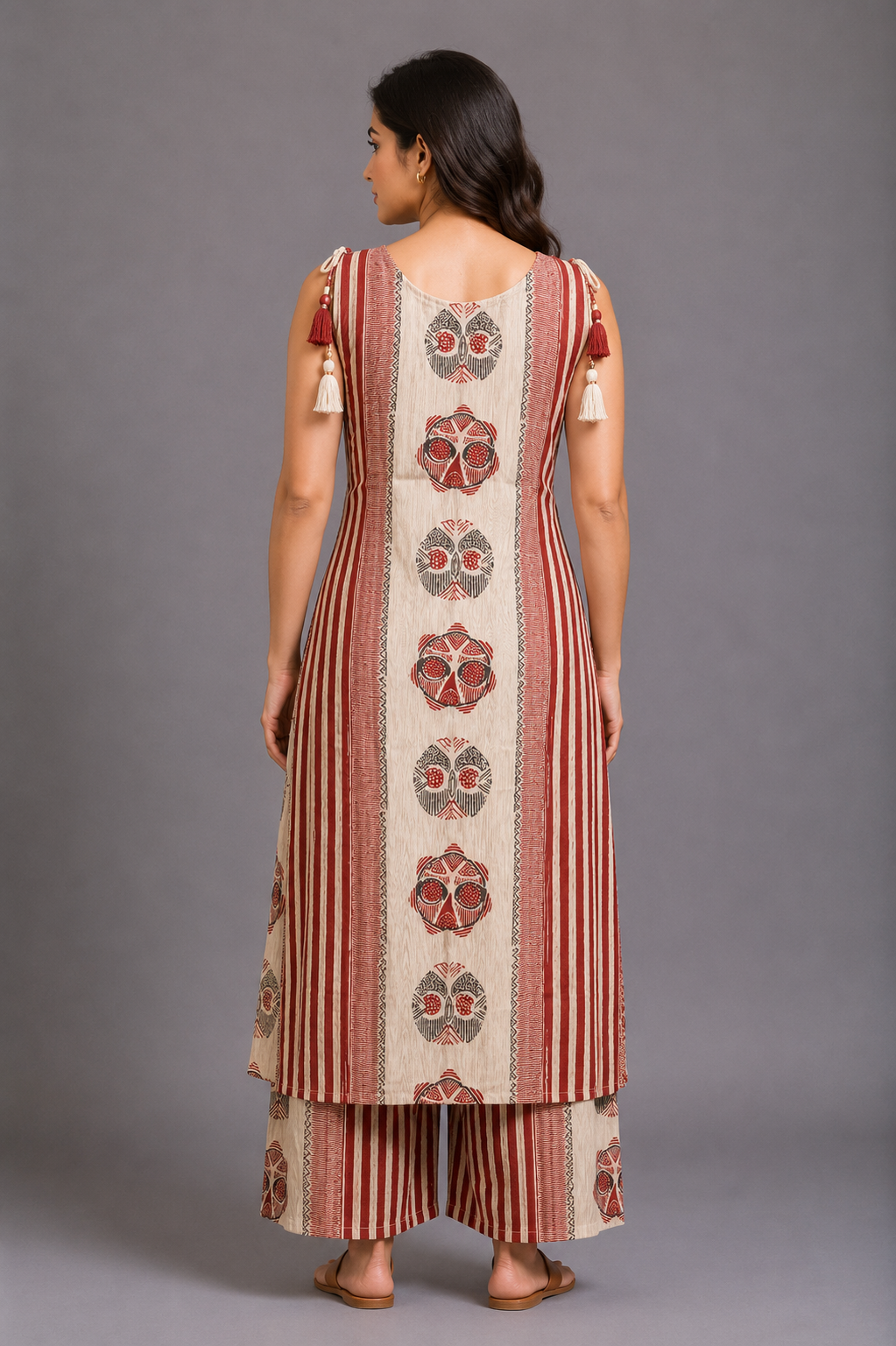 Red & Beige Printed Kurta Palazzo Set with Tassel Detailing