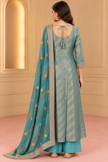 Teal Blue Jacquard Anarkali Kurta Set with Dupatta