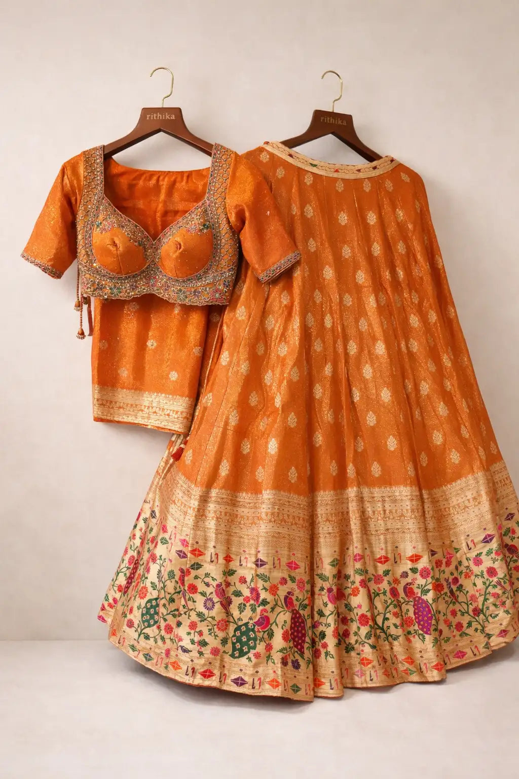 Orange Kanjeevaram Silk Lehenga Set with Embroidered Blouse