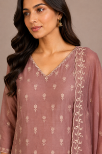 Dusty Rose Silk Embroidered Straight-Cut Suit Set