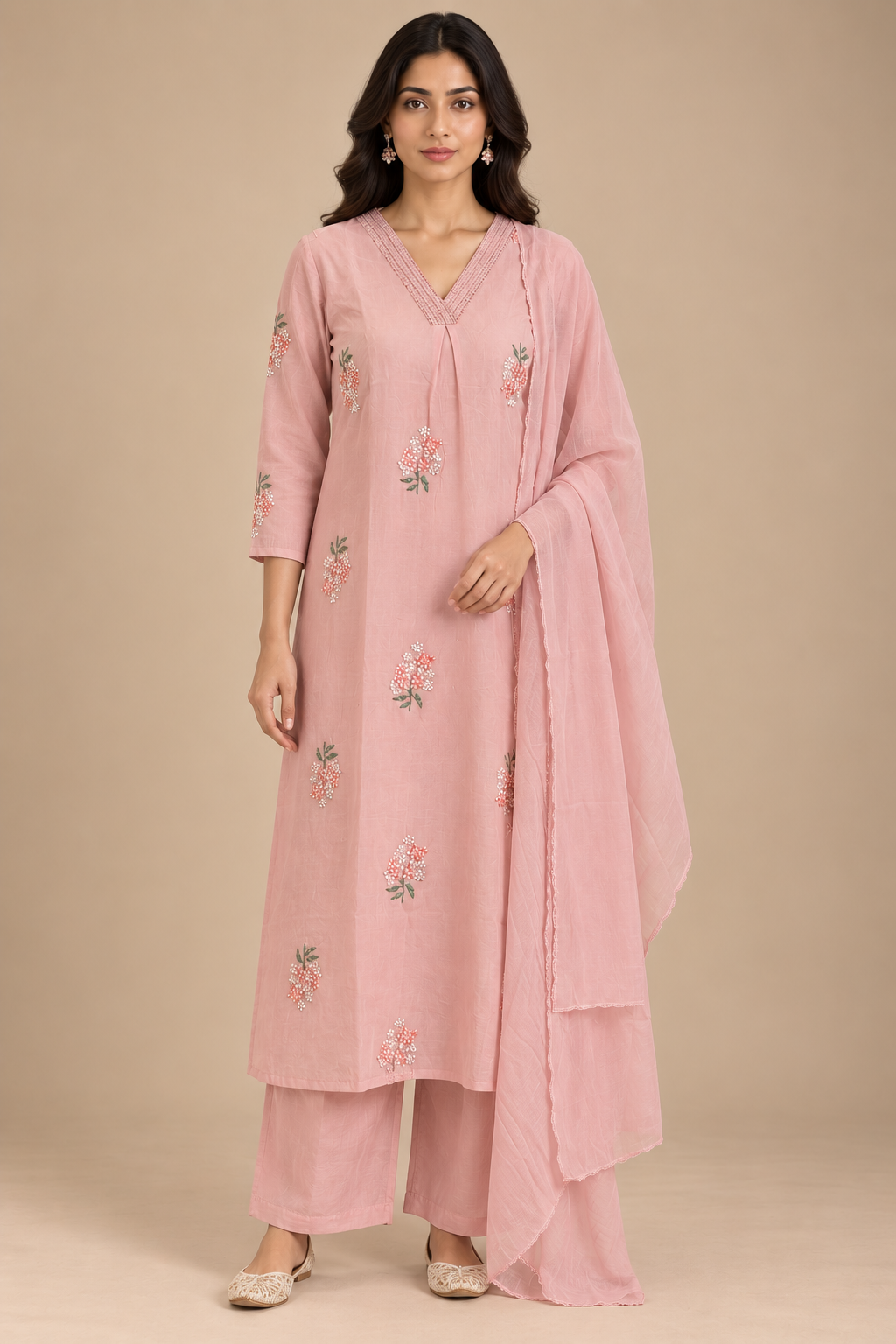 Pastel Pink Embroidered Straight Kurta Set with Dupatta