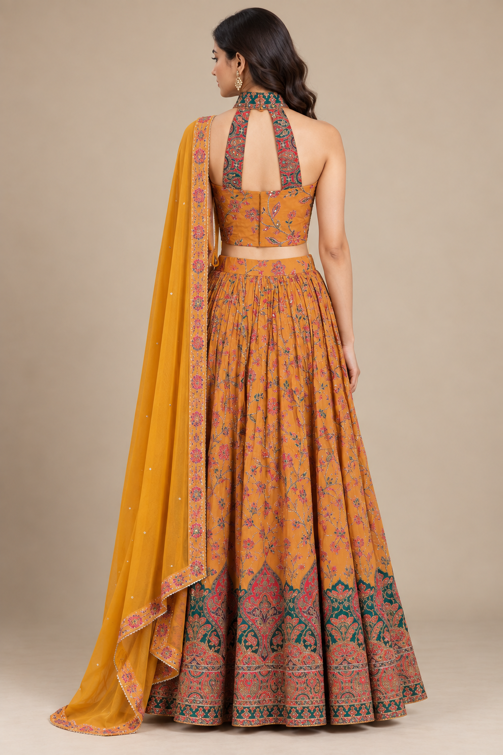Mustard Yellow Printed Embroidered Lehenga Set with Dupatta