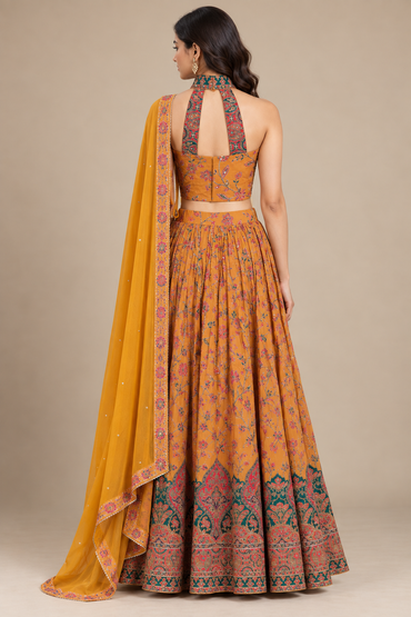Mustard Yellow Printed Embroidered Lehenga Set with Dupatta