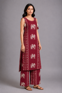 Maroon Elephant Print Kurta Palazzo Set
