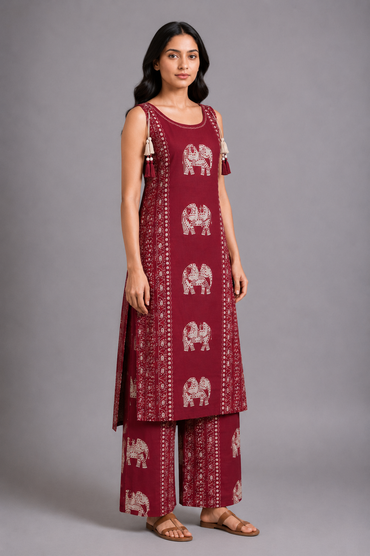 Maroon Elephant Print Kurta Palazzo Set