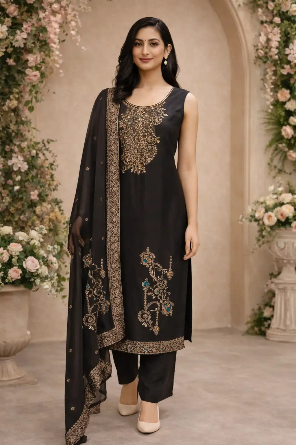 Black Embroidered Kurta Set with Dupatta