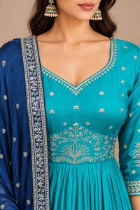 Turquoise Blue Silk Anarkali Set