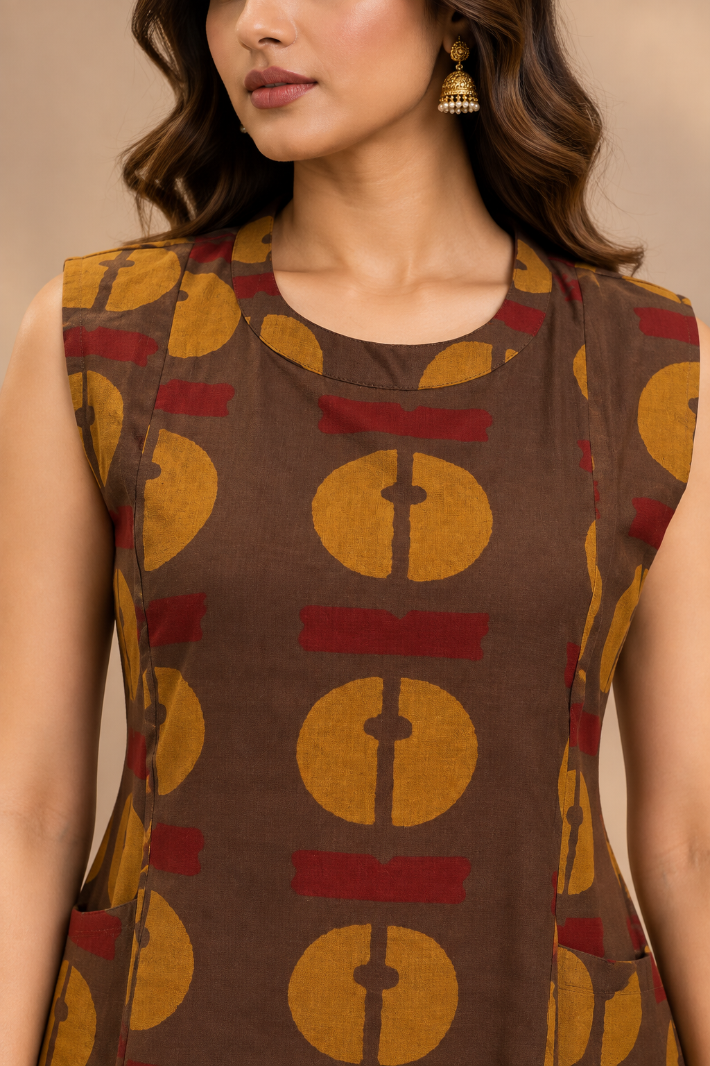 Brown Printed Cotton Kurti Set