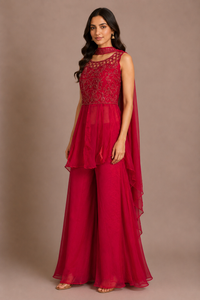 Ruby Pink Tissue Embroidered Sharara Set
