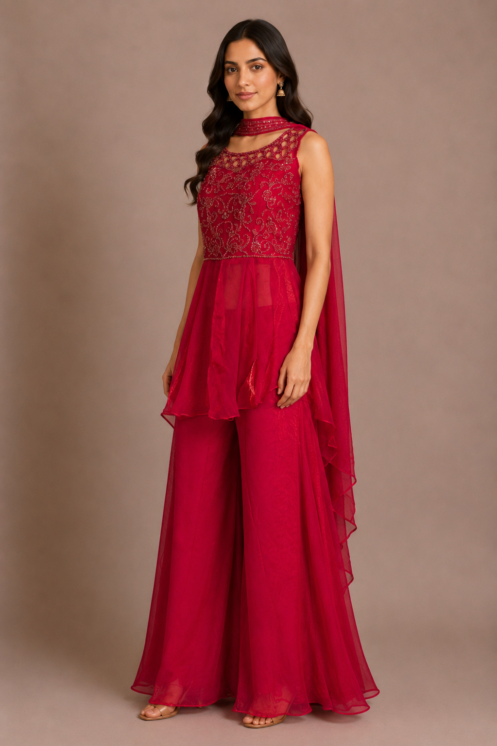 Ruby Pink Tissue Embroidered Sharara Set