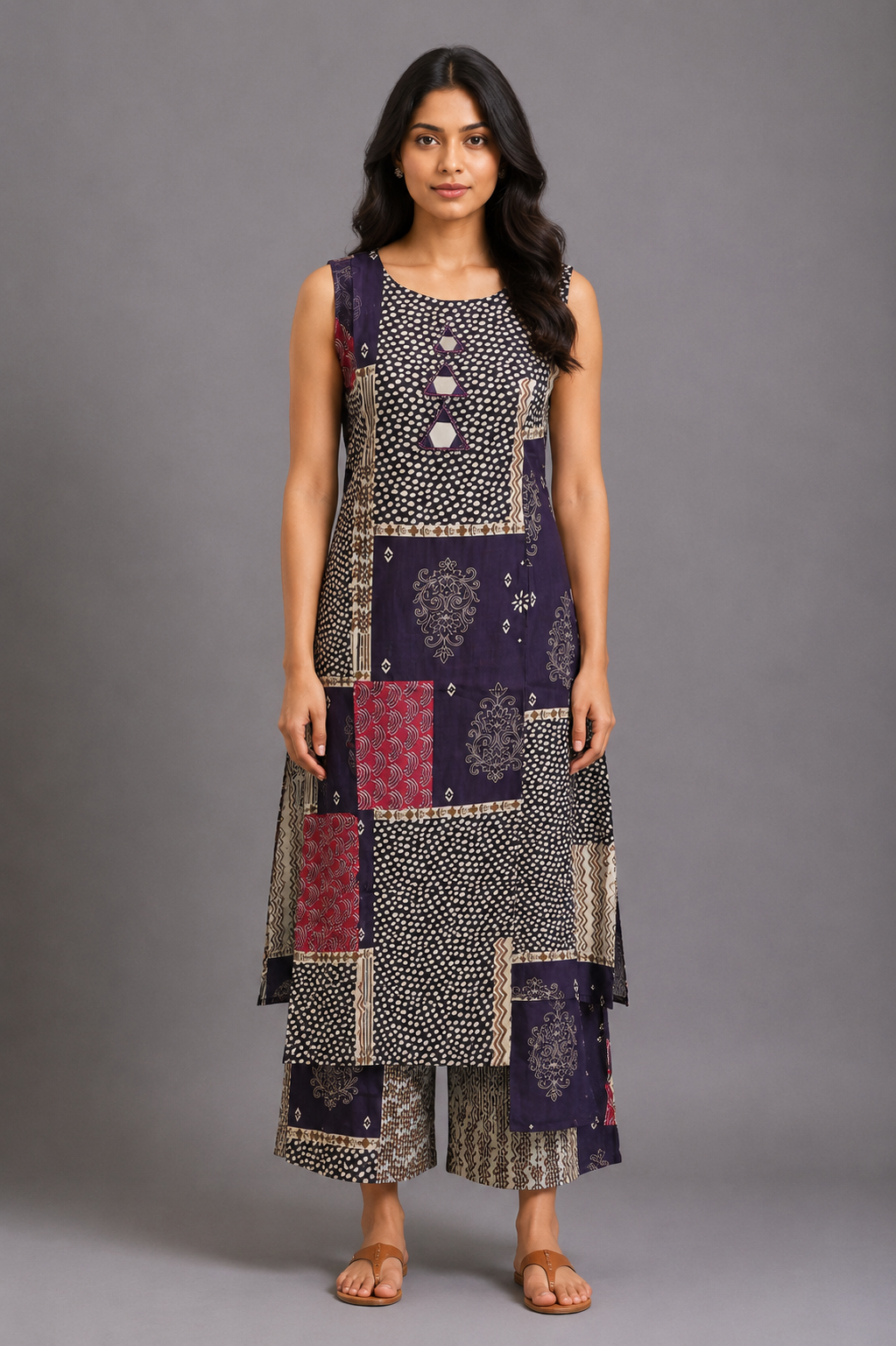 Purple Printed Patchwork Kurta Palazzo Set